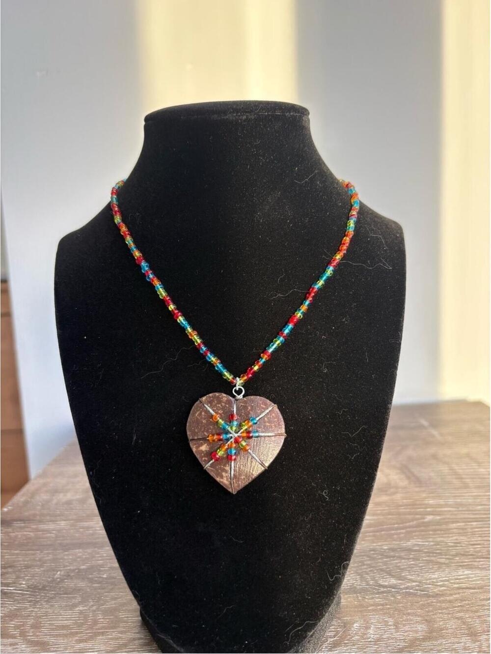 Multicolor Beaded Heart Pendant Necklace